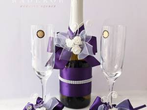Сватбено шампанско и украса за чаши Букет - лилаво