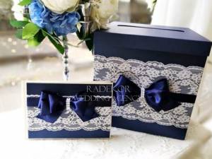 Сватбена кутия за пари и книга за пожелания - Айвъри - тъмно синьо